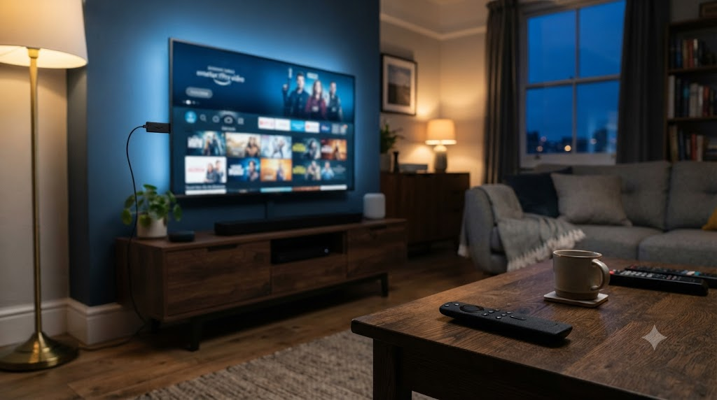 Best IPTV apps for Fire Stick UK living room setup with Fire Stick and Smart TV